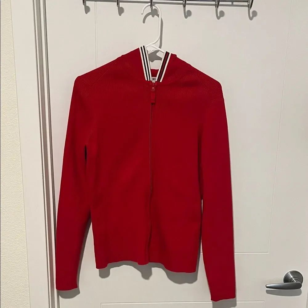 Tommy Hilfiger Y2K Vintage Red Ribbed Zipper Closure Hoodie Sweater 2000’s